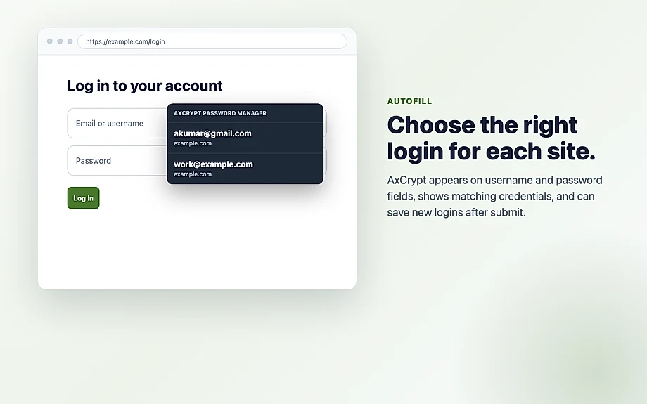 AxCrypt Password Manager autofill suggestion on a login page