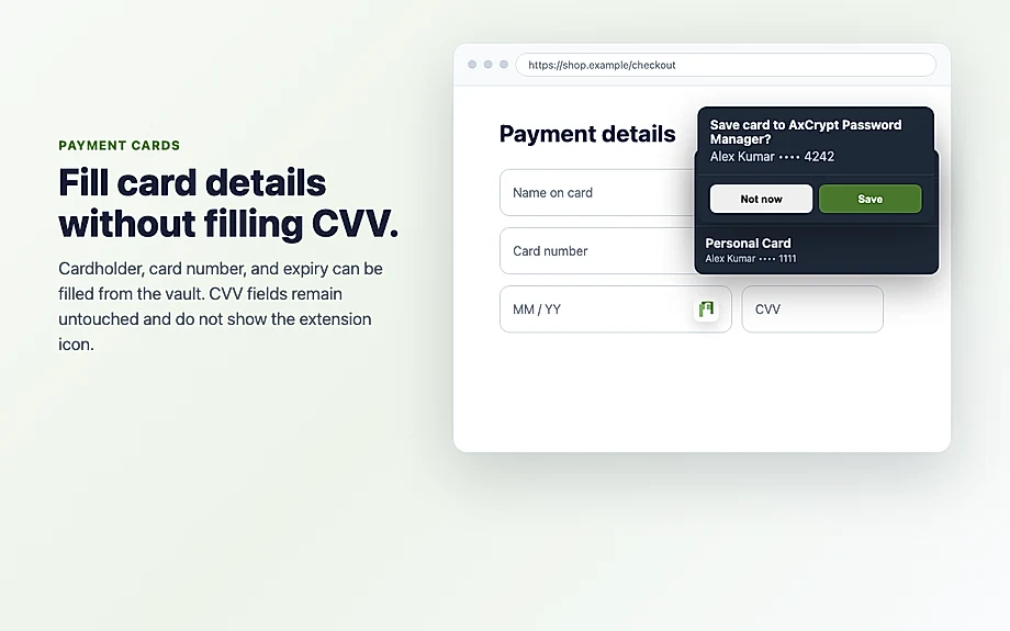 AxCrypt Password Manager card autofill screen