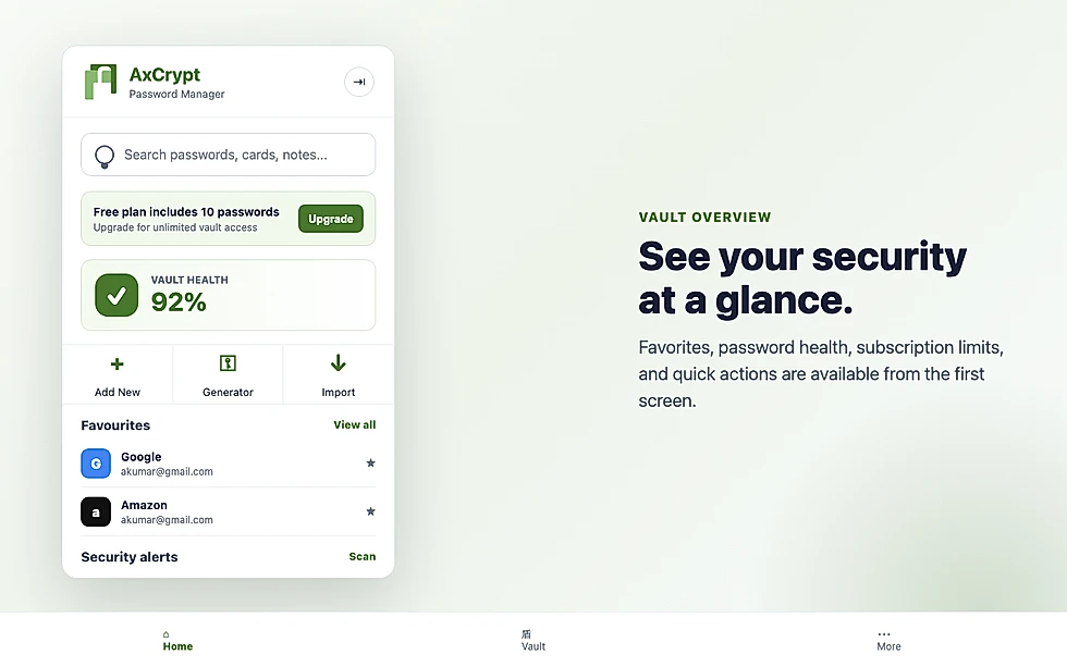 AxCrypt Password Manager extension home screen
