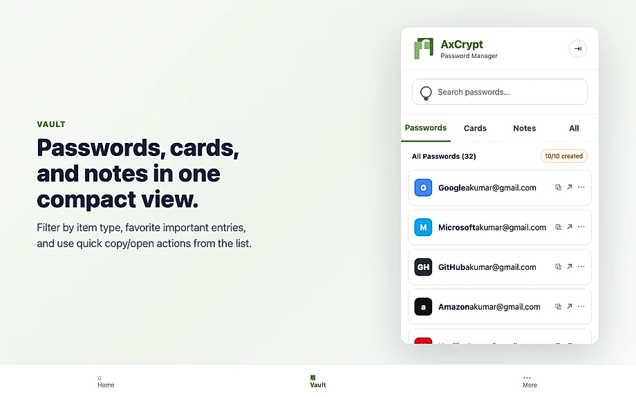 AxCrypt Password Manager vault screen