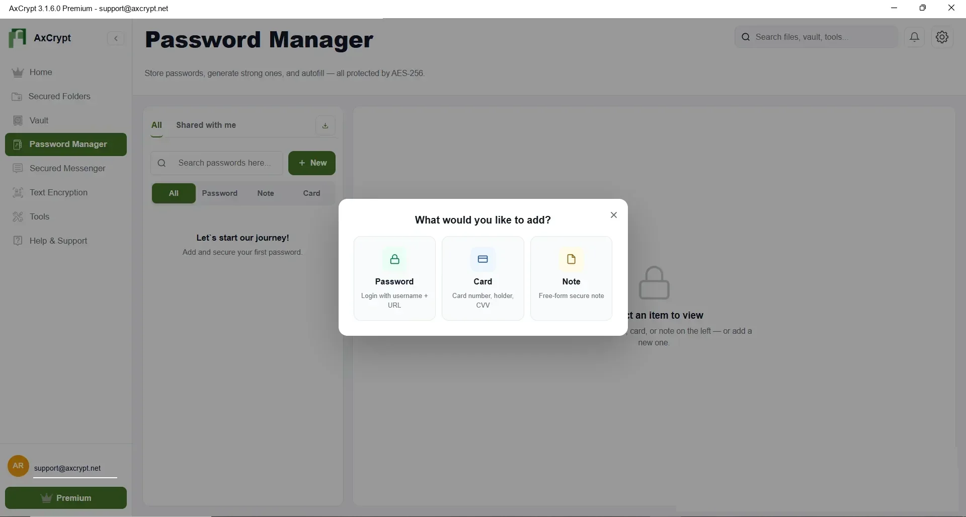 Create passwords, cards, and notes in AxCrypt Password Manager