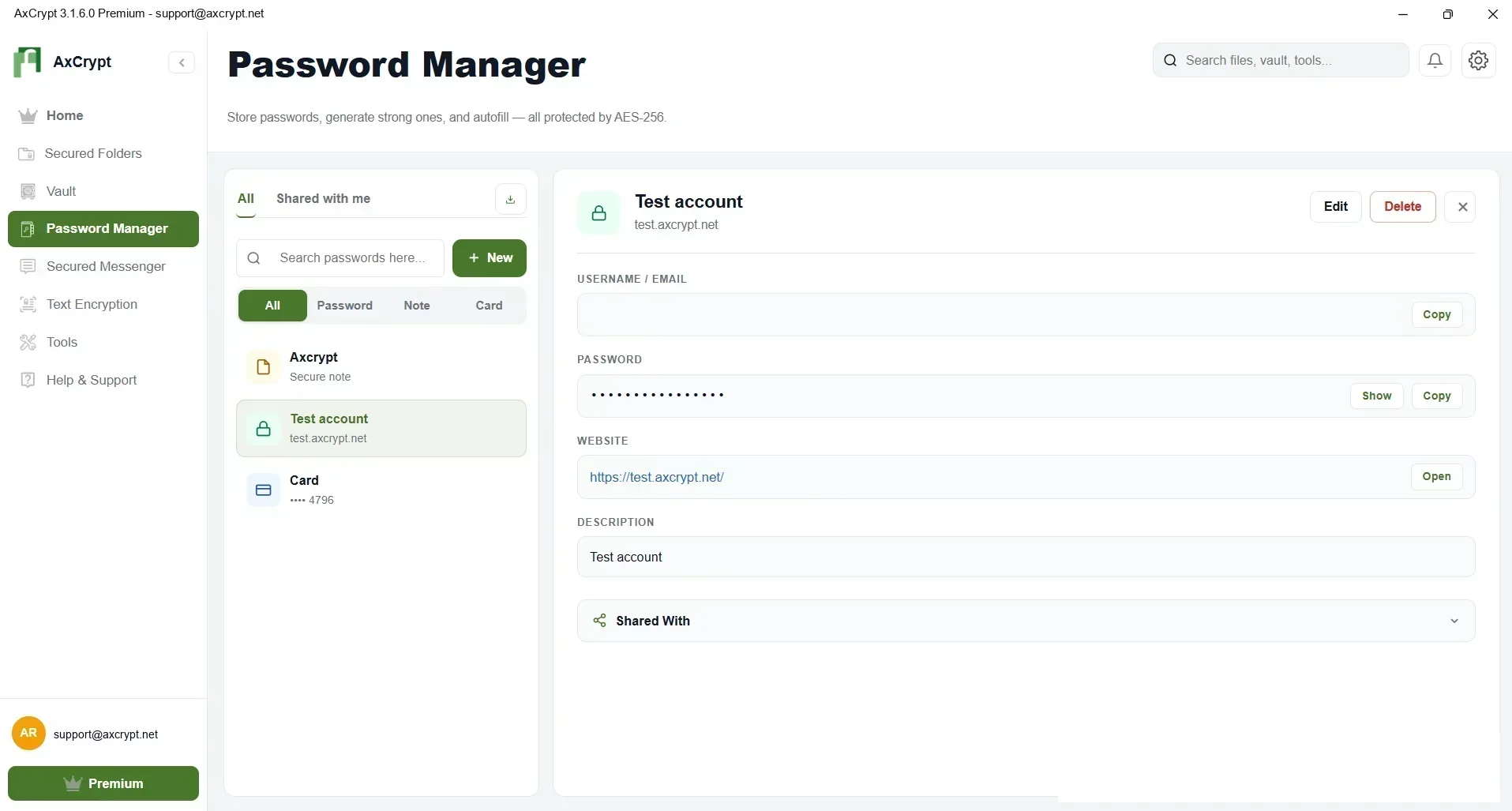 Manage passwords, cards, and notes in AxCrypt Password Manager
