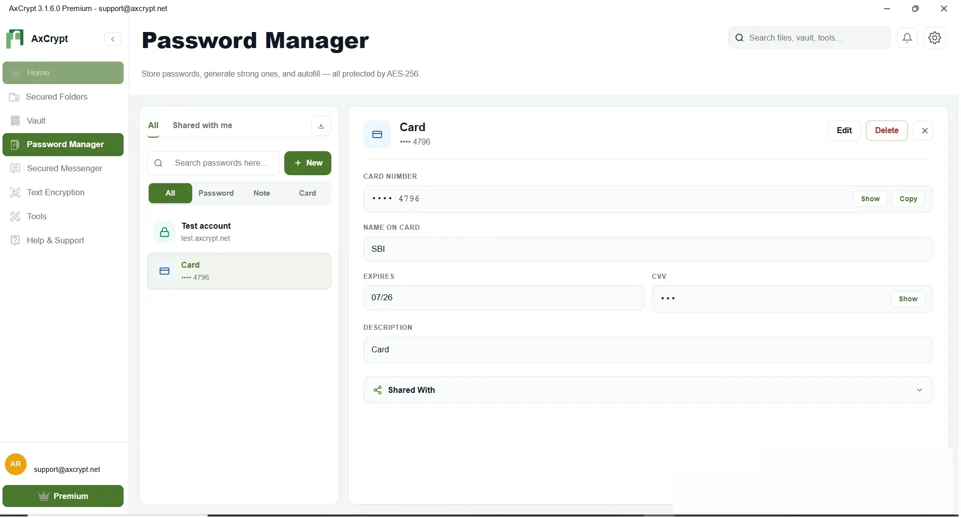 Share passwords, cards, and notes in AxCrypt Password Manager