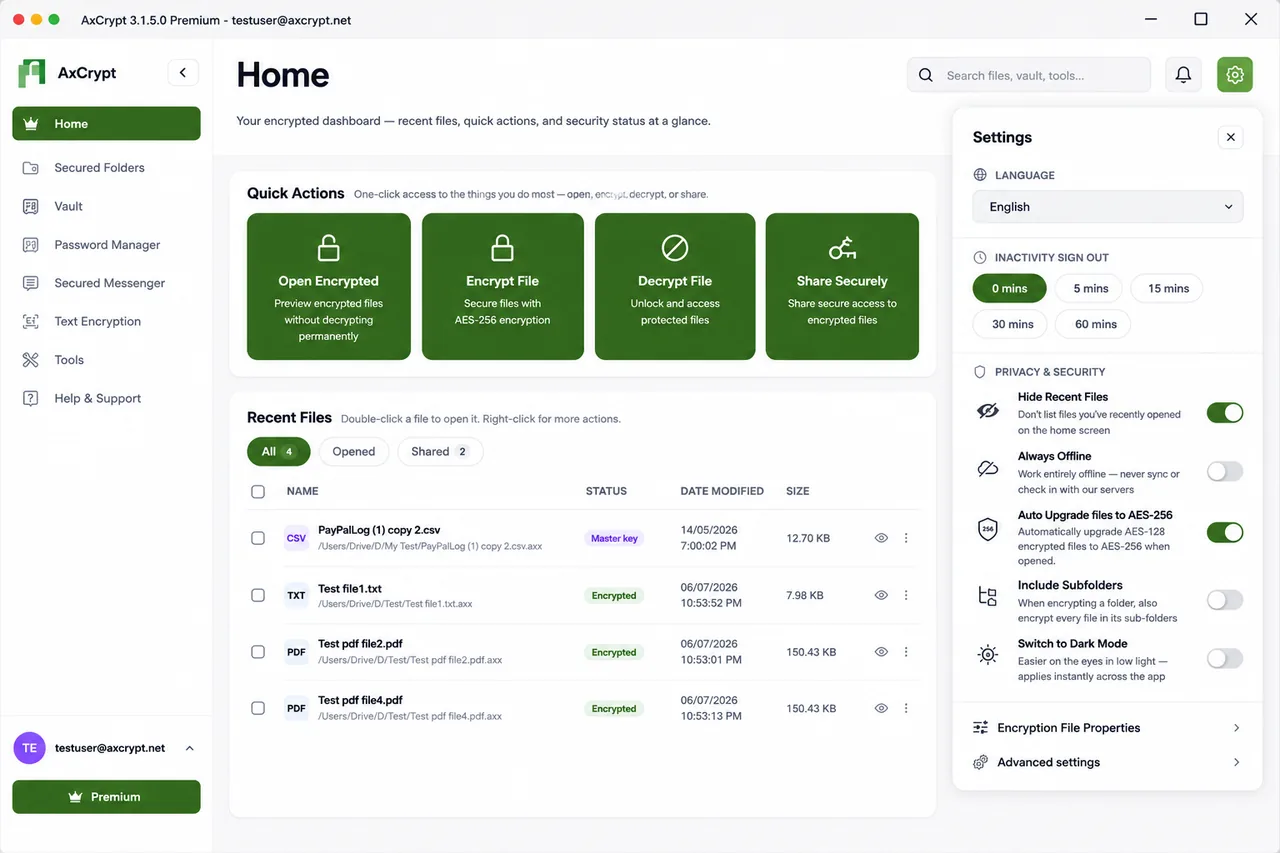 AxCrypt encryption dashboard screenshot